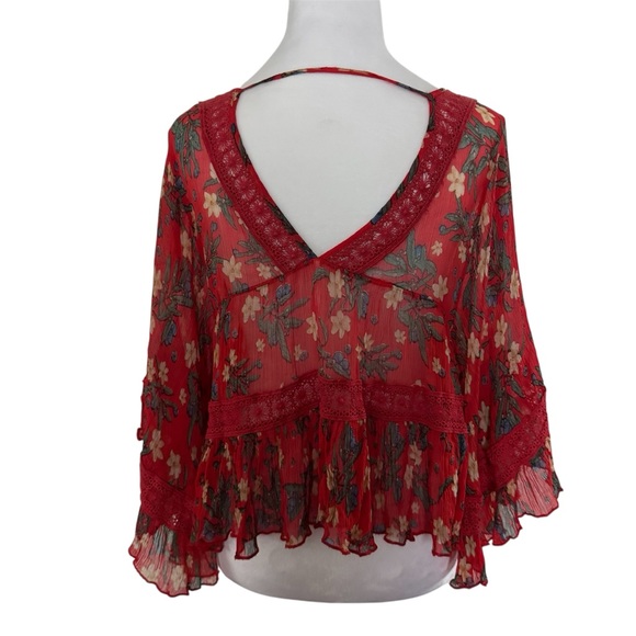 Free People Bright Lights Red Floral Chiffon Boho Peplum Top | S - Picture 6 of 10